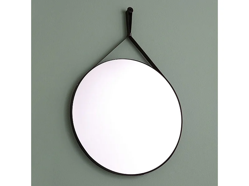Miroir De Salle De Bains Design Et Rond Avec Cadre En Cuir Noir