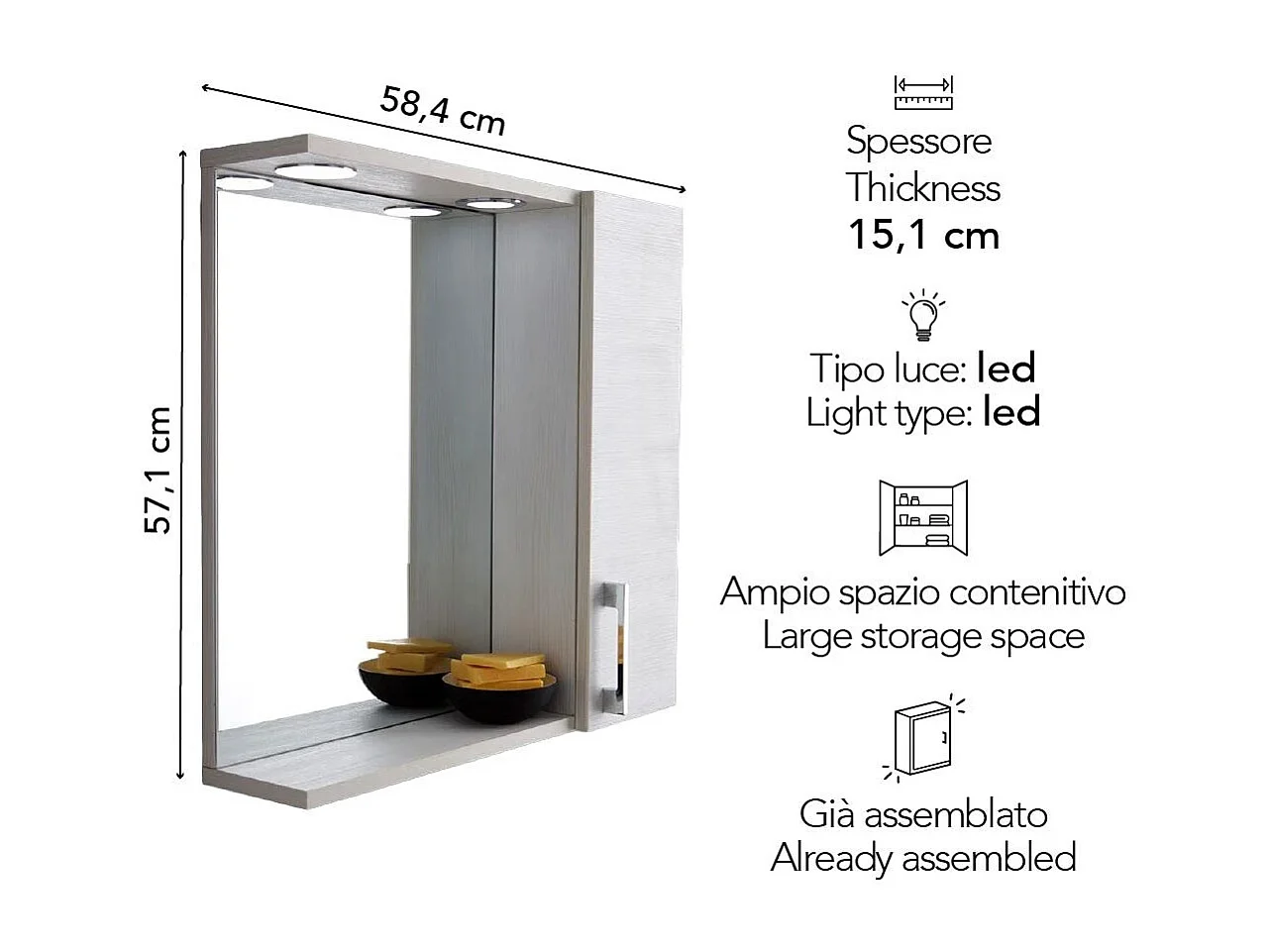Miroir De Salle De Bains En Chêne Blanc Avec Éclairage Led