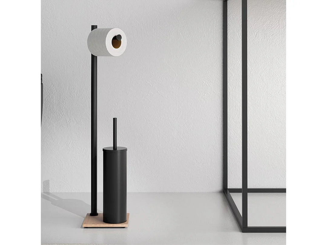 Porte-Rouleau Et Porte-Brosse De Toilette Acier Noir Et Bambou | Silene