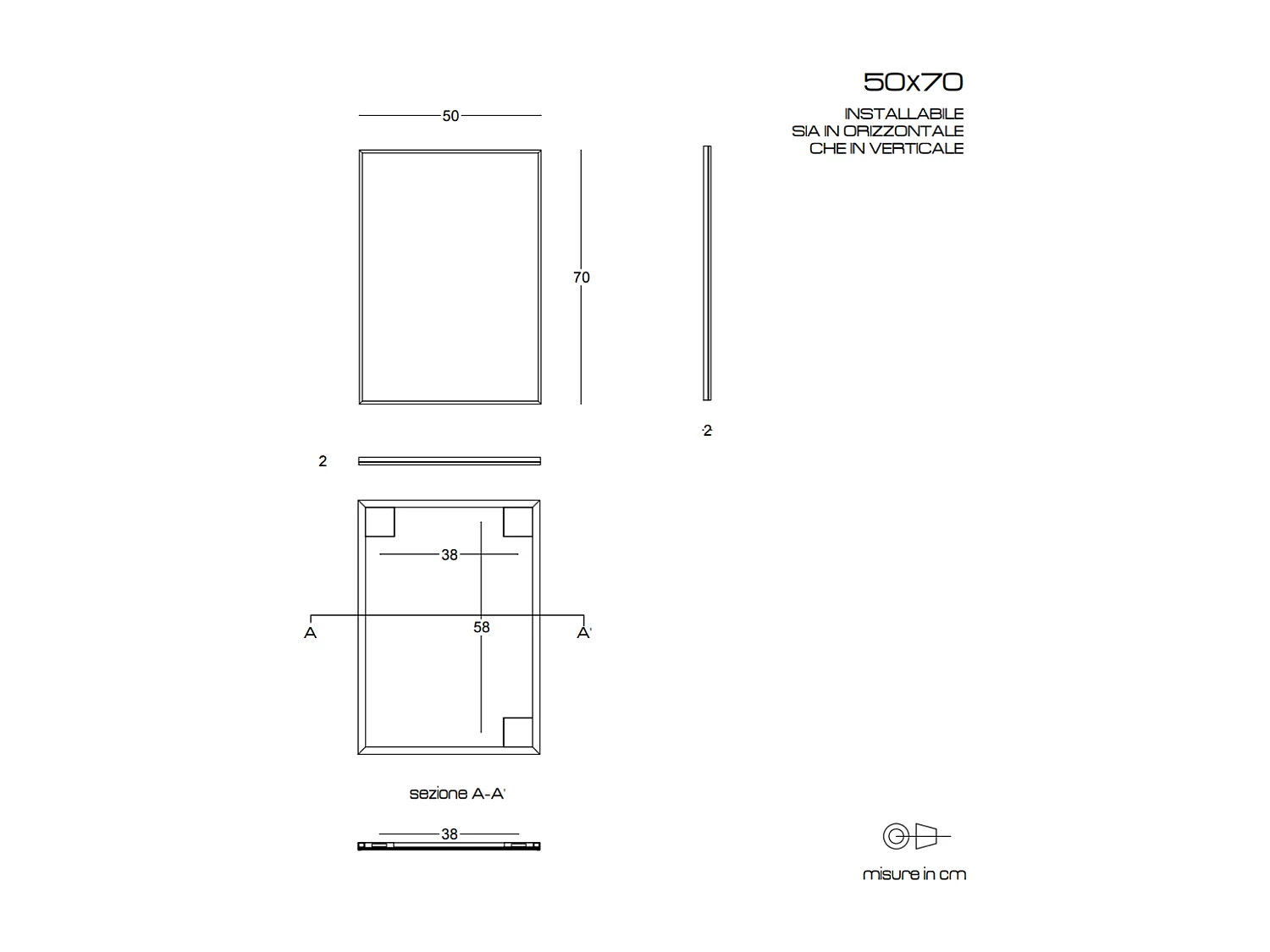 Miroir En Fil De Fer Poli 50X70 Réversible Avec Bordure Noire Mate