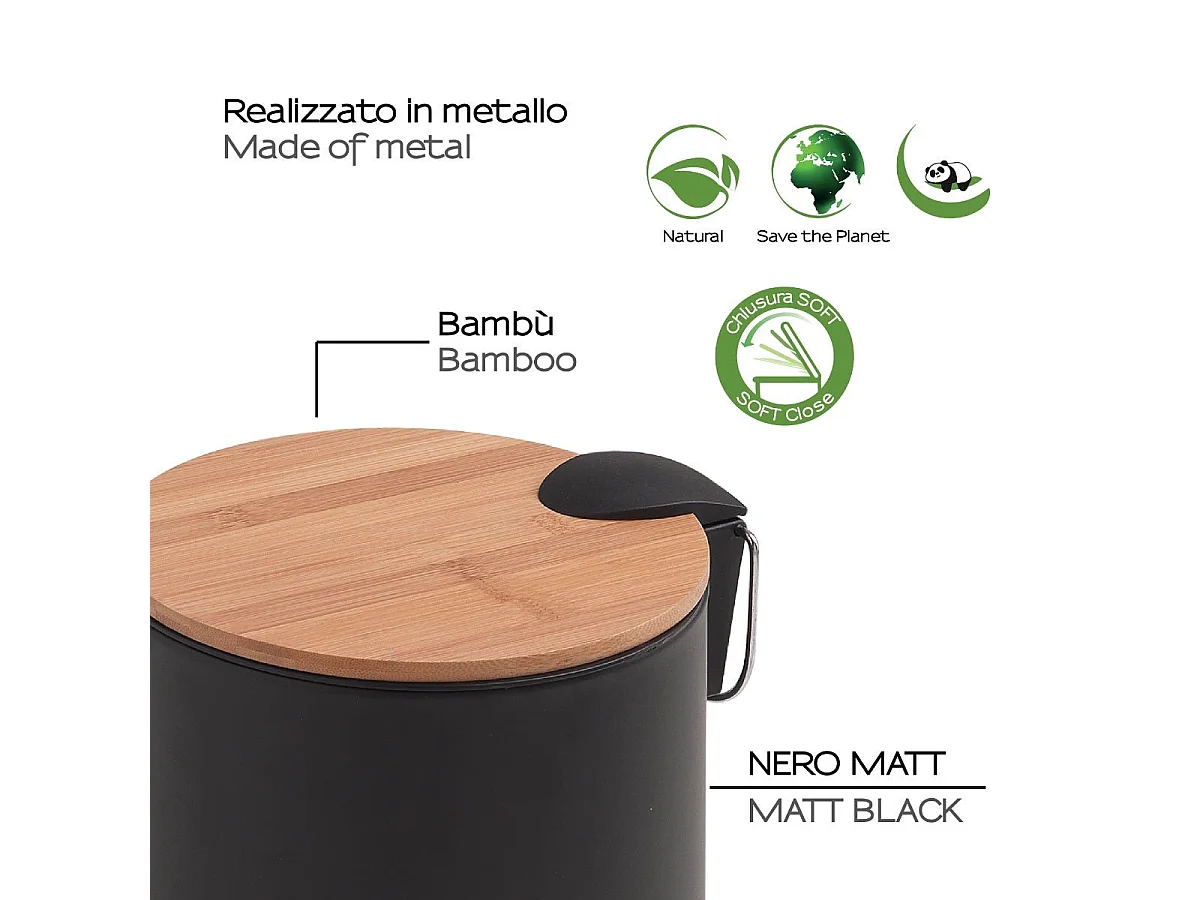 Poubelle De Toilette Ronde De 3 Litres À Pédale Noir/Fermeture Souple Métal Et Bambou | Ortensia