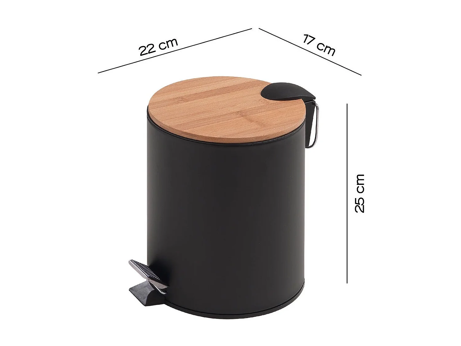 Poubelle De Toilette Ronde De 3 Litres À Pédale Noir/Fermeture Souple Métal Et Bambou | Ortensia