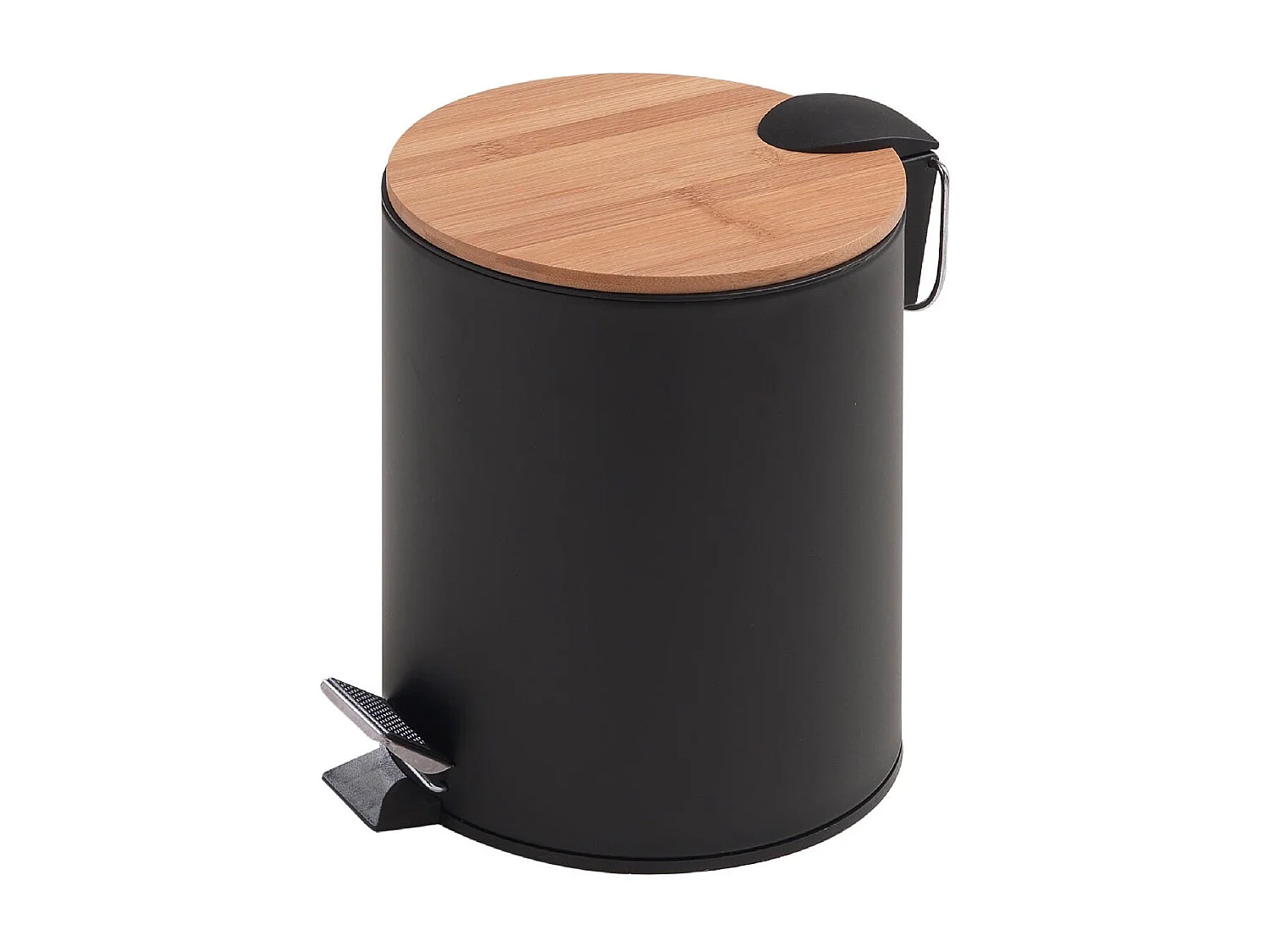 Poubelle De Toilette Ronde De 3 Litres À Pédale Noir/Fermeture Souple Métal Et Bambou | Ortensia