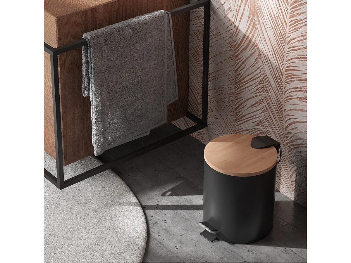 Poubelle De Toilette Ronde De 3 Litres À Pédale Noir/Fermeture Souple Métal Et Bambou | Ortensia