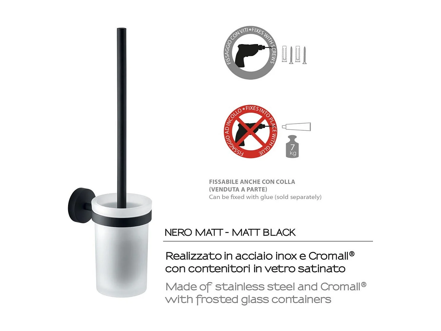 Brosse De Toilette Fixation Murale Verre/Acier Inoxydable Noir Mat | Violetta