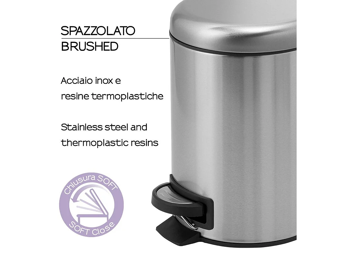 Poubelle Ronde De 3 Litres En Acier Inoxydable Satiné À Fermeture Douce, Actionnée Par Pédale | Papaya
