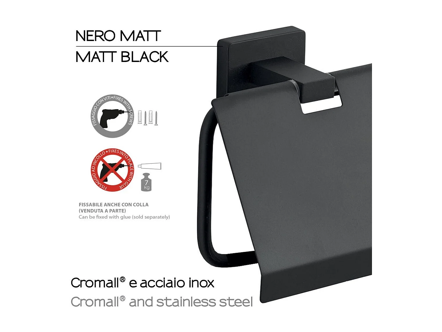 Porte-Rouleau De Papier Toilette Couvert En Acier Noir Mat | Atene