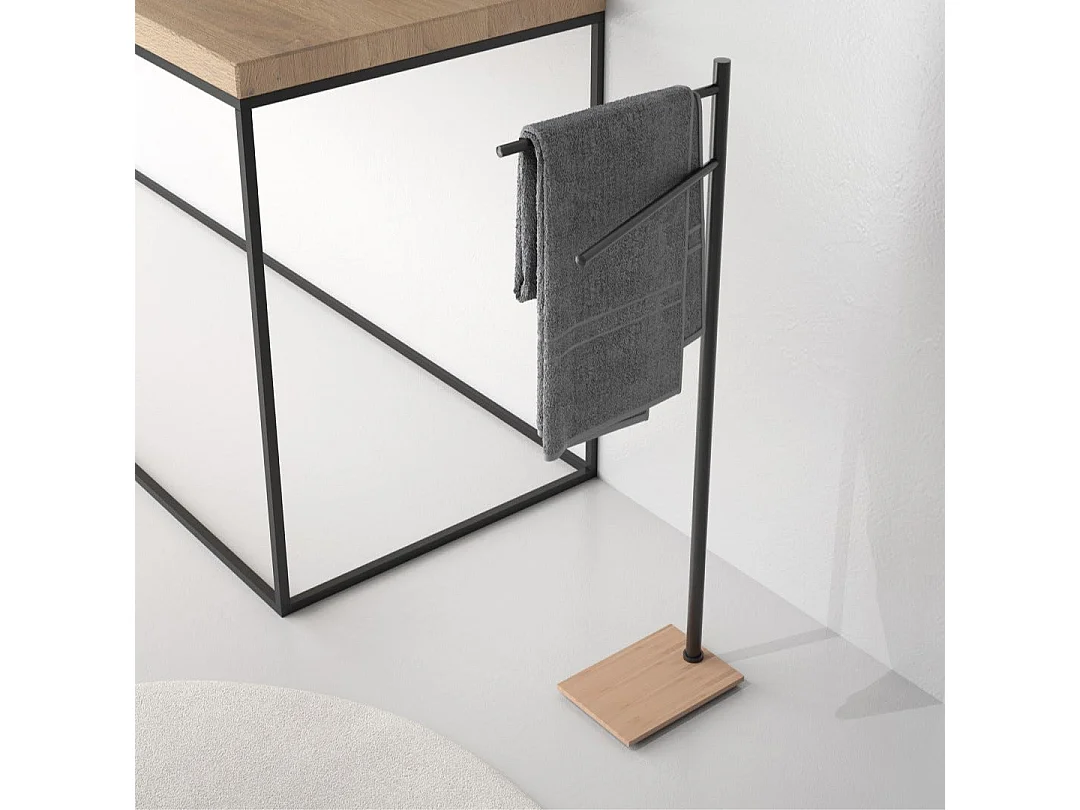 Porte-Serviettes En Acier Noir Et Bambou  | Silene