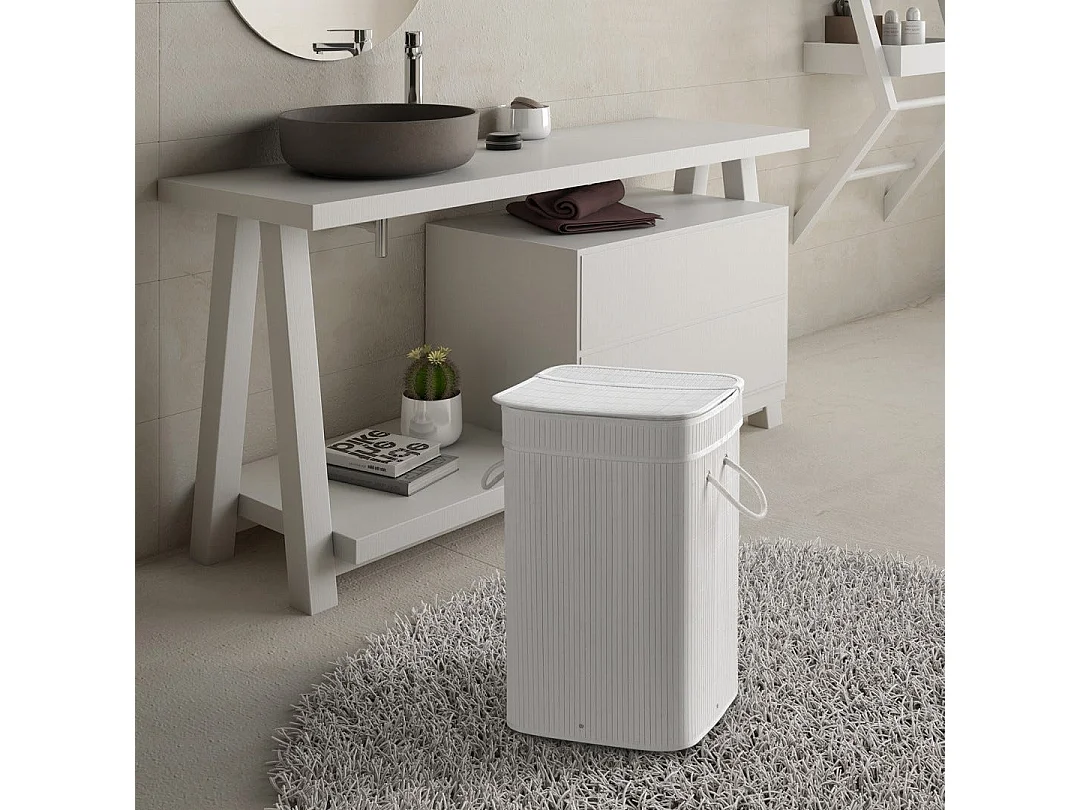 Porte-Linge En Bambou Blanc Avec Sac Amovible