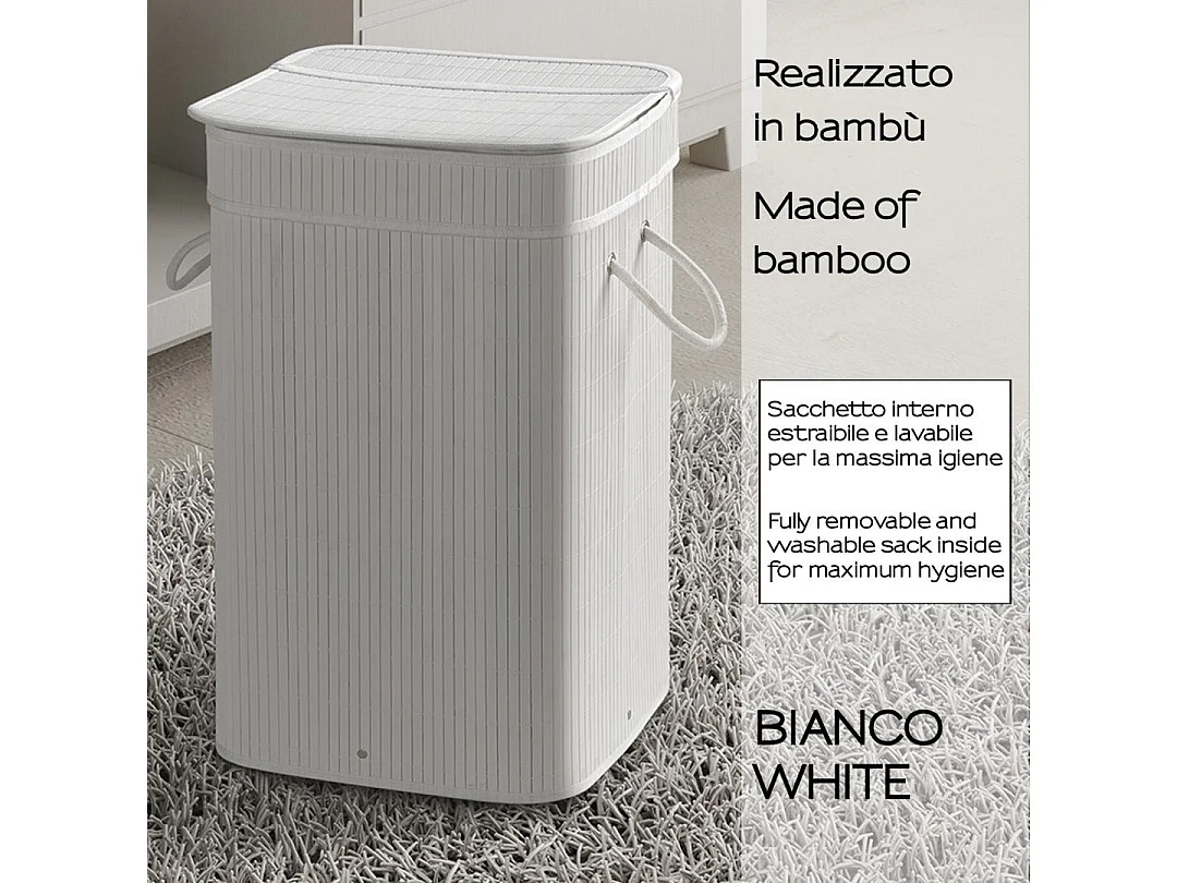 Porte-Linge En Bambou Blanc Avec Sac Amovible