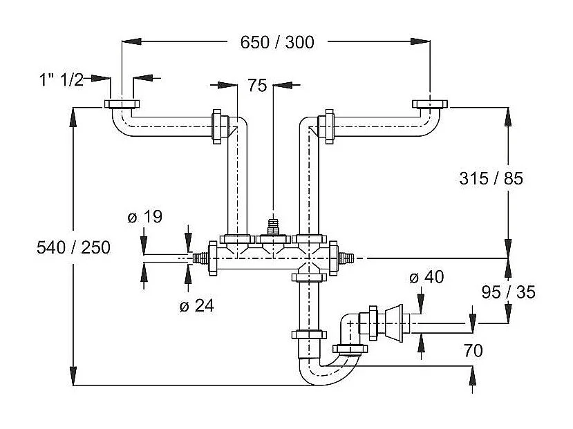 Siphon D'évier Peu Encombrant Avec 2 Entrées Et 3 Raccords Auxiliaires | Space 2