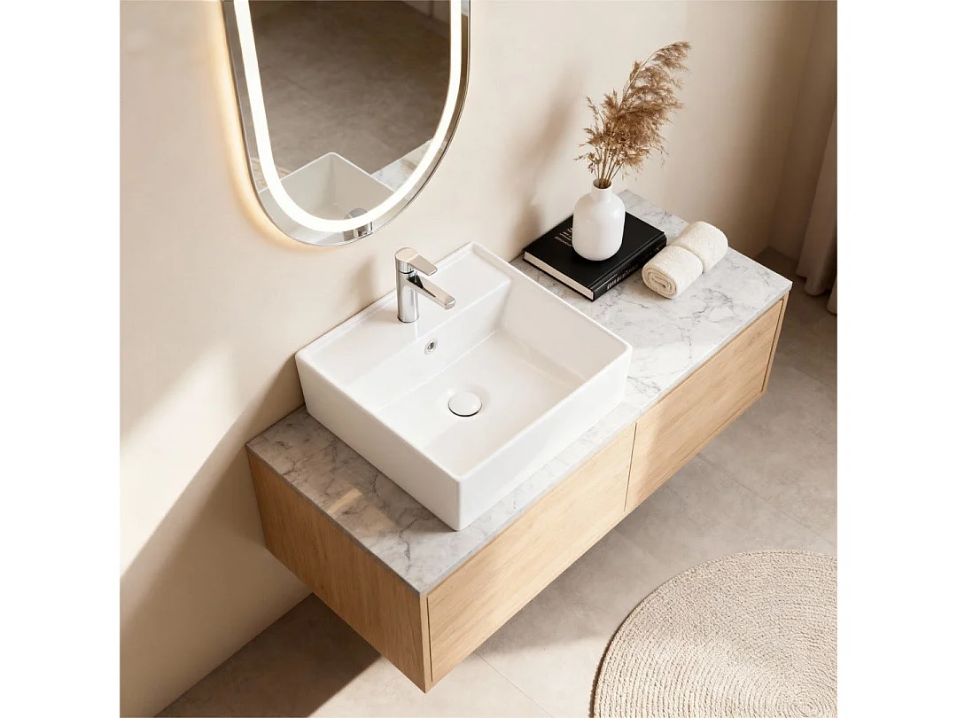 Lavabo Décoratif Carré 41X41cm En Céramique Blanche Avec Trou Pour Robinet