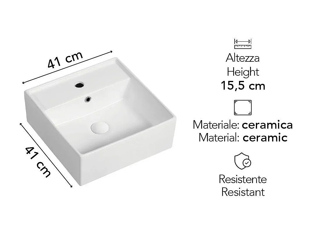 Lavabo Décoratif Carré 41X41cm En Céramique Blanche Avec Trou Pour Robinet
