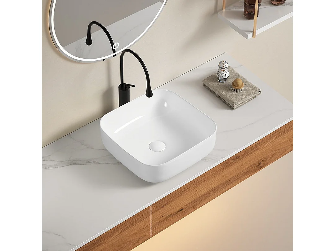 Lavabo Carré De 40 Cm Avec Angles Biseautés En Céramique Blanche Pour Installation Sur Plan