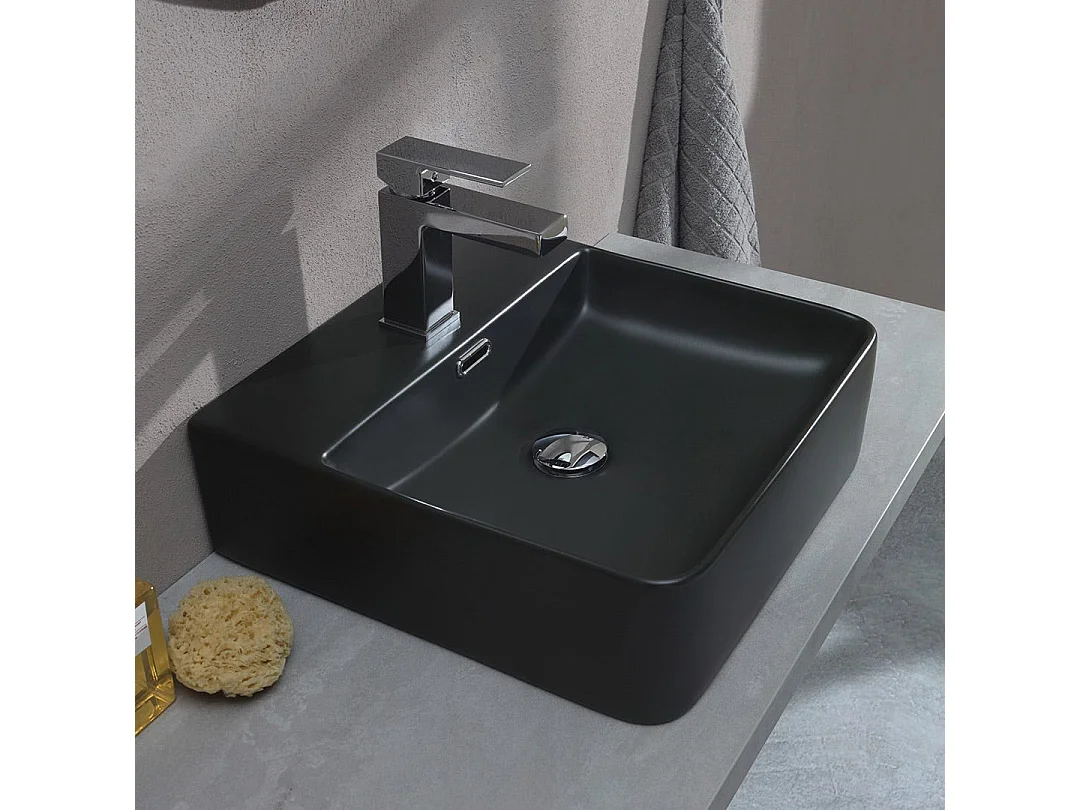 Lavabo Carré En Céramique Noire À Poser
