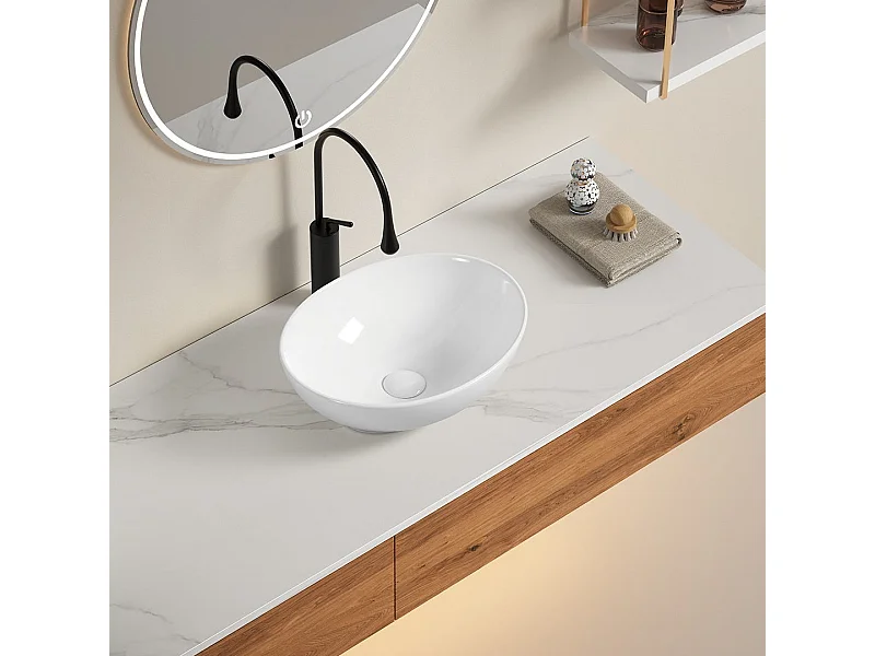 Lavabo Ovale Sur Plan En Céramique Blanche Pour Robinetterie Murale