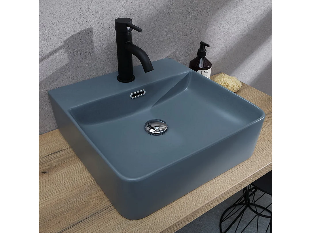 Lavabo Carré En Céramique Gris Bleu