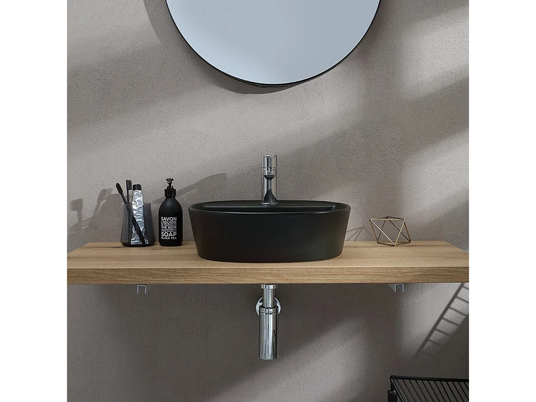 Lavabo De Meuble Rond En Céramique Noire Mate