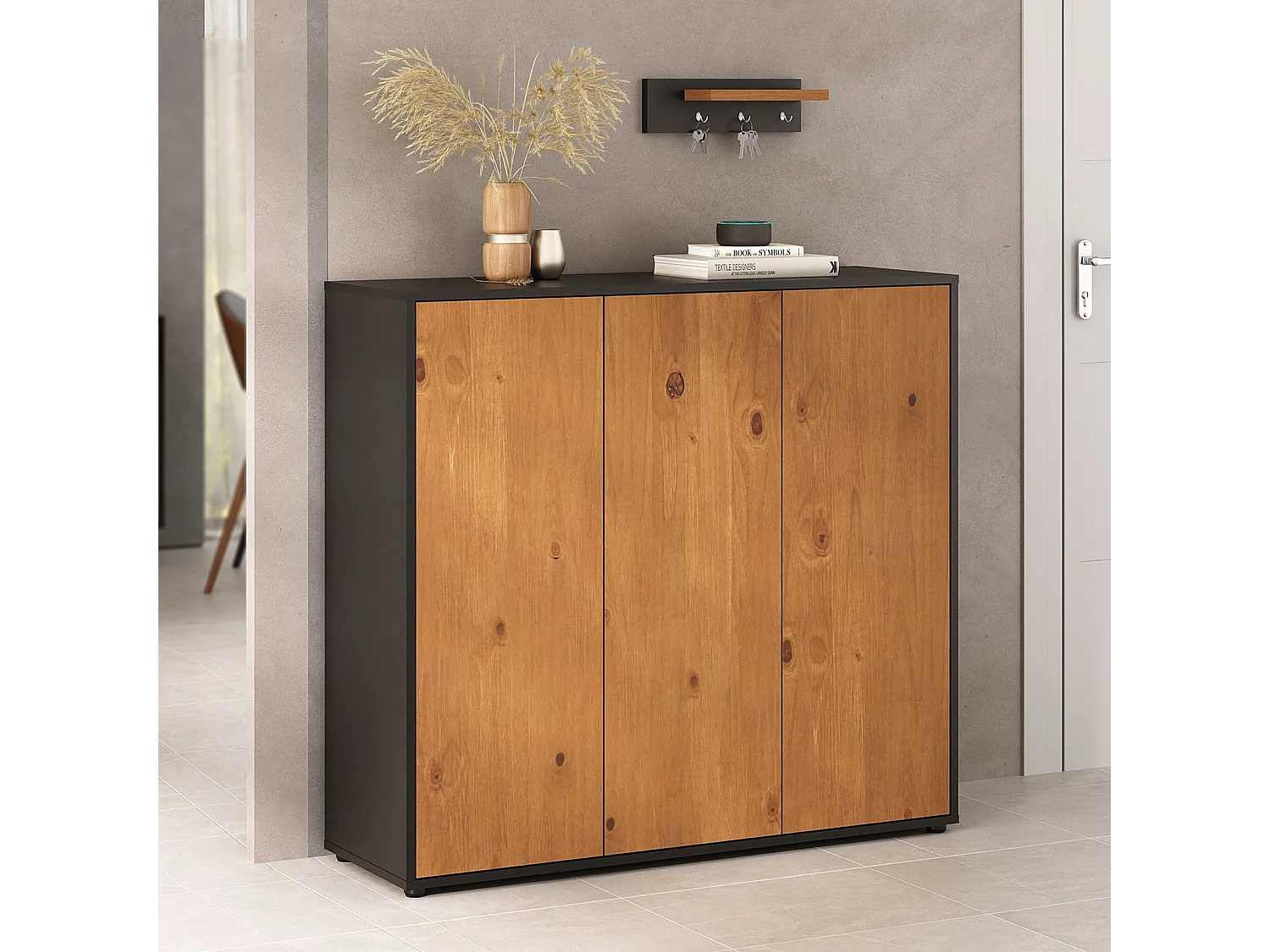 Meuble à Chaussures MIRAN en Bois Couleur Noir et Chêne, 3 Portes, Rangement pour 24 Paires