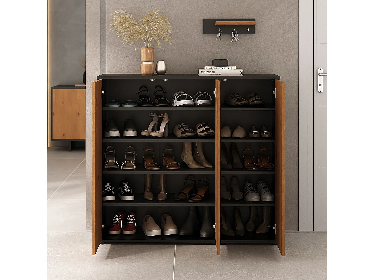 Meuble à Chaussures MIRAN en Bois Couleur Noir et Chêne, 3 Portes, Rangement pour 24 Paires