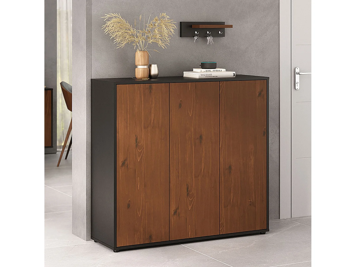 Meuble à Chaussures MIRAN en Bois Couleur Noir et Châtaignier, 3 Portes, Rangement pour 24 Paires