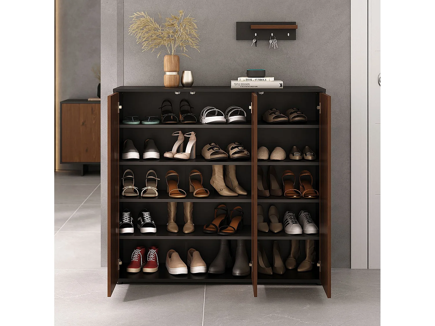 Meuble à Chaussures MIRAN en Bois Couleur Noir et Châtaignier, 3 Portes, Rangement pour 24 Paires