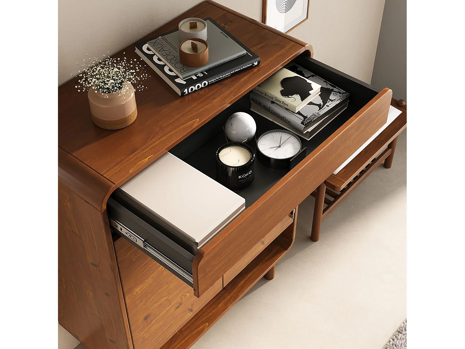 Meuble à Chaussures JUAN, en Bois Massif Coloris Châtaignier, 2 Portes, 1 Tiroir, Rangement Armoire à Chaussures Design pour Entrée