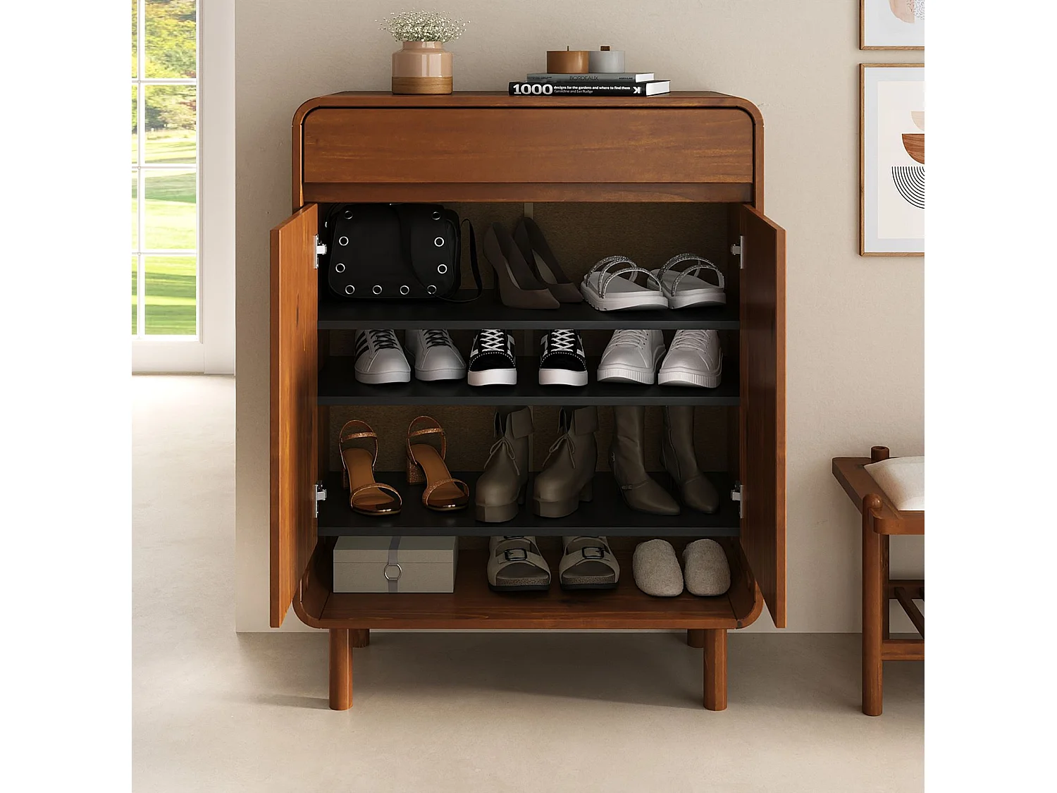 Meuble à Chaussures JUAN, en Bois Massif Coloris Châtaignier, 2 Portes, 1 Tiroir, Rangement Armoire à Chaussures Design pour Entrée