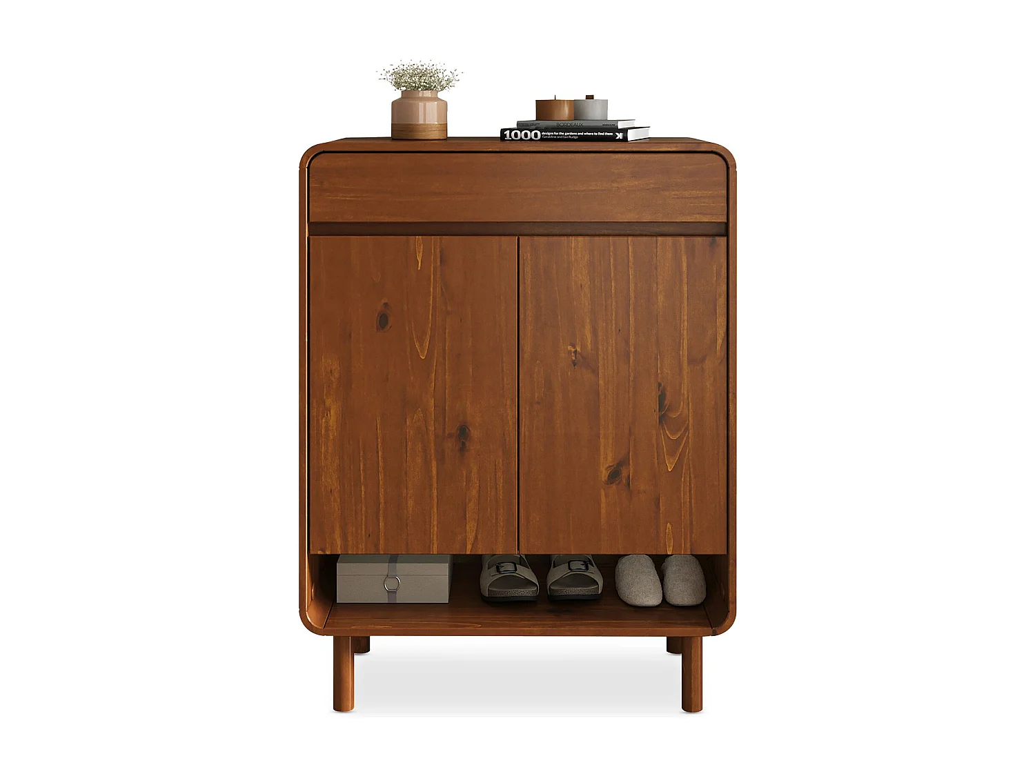 Meuble à Chaussures JUAN, en Bois Massif Coloris Châtaignier, 2 Portes, 1 Tiroir, Rangement Armoire à Chaussures Design pour Entrée