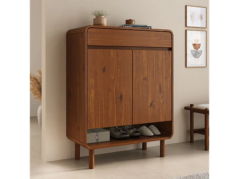 Meuble à Chaussures JUAN, en Bois Massif Coloris Châtaignier, 2 Portes, 1 Tiroir, Rangement Armoire à Chaussures Design pour Entrée