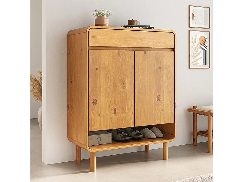 Meuble à Chaussures JUAN, en Bois Massif Coloris Chêne, 2 Portes, 1 Tiroir, Rangement Armoire à Chaussures Design pour Entrée