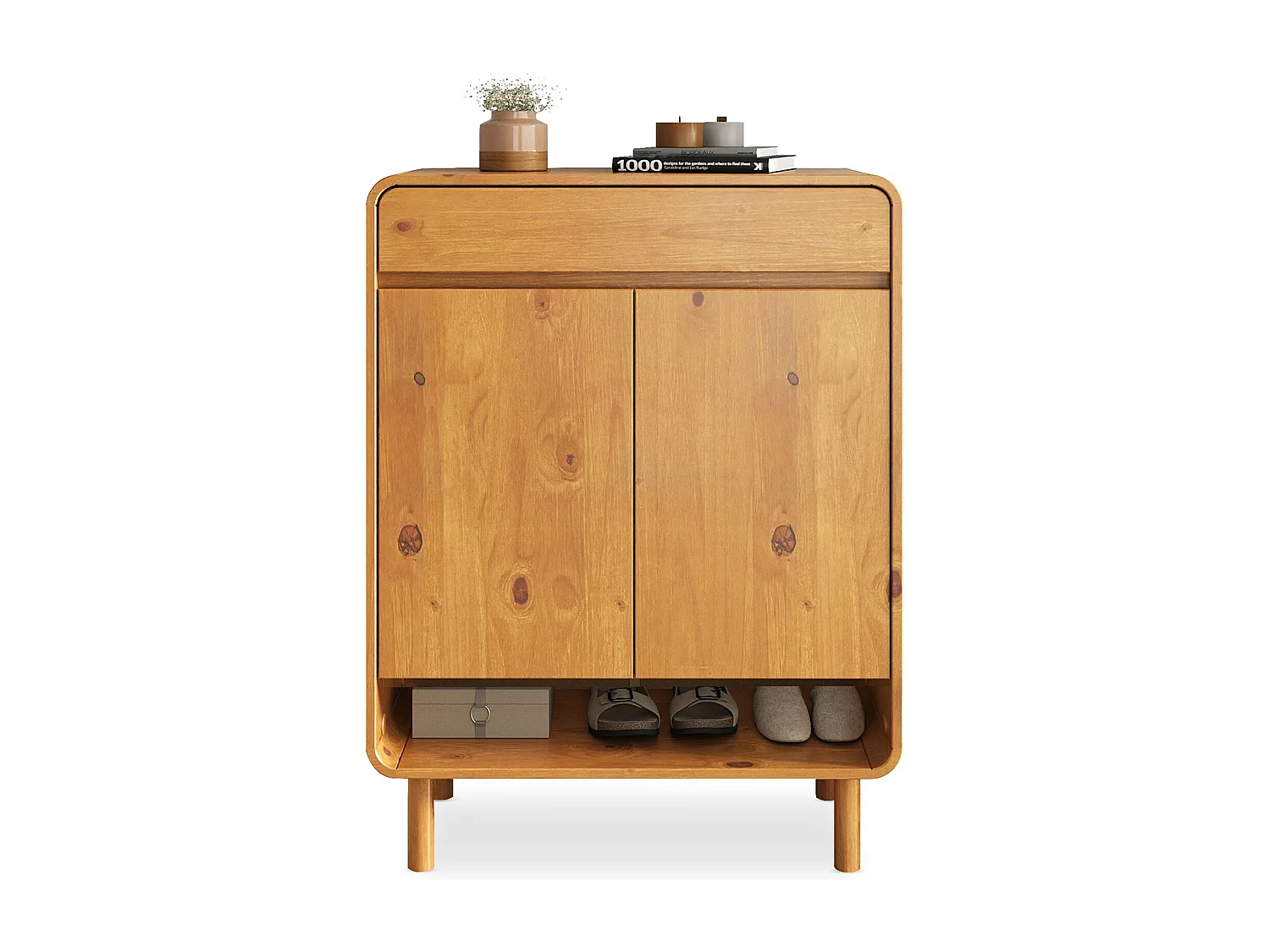 Meuble à Chaussures JUAN, en Bois Massif Coloris Chêne, 2 Portes, 1 Tiroir, Rangement Armoire à Chaussures Design pour Entrée