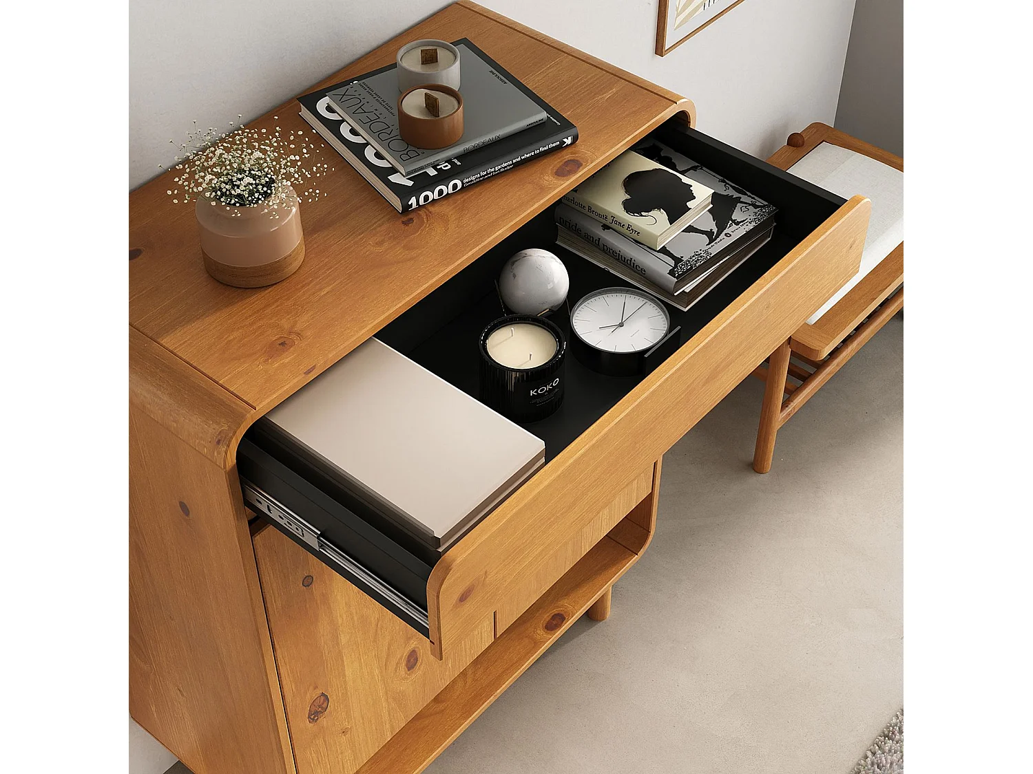 Meuble à Chaussures JUAN, en Bois Massif Coloris Chêne, 2 Portes, 1 Tiroir, Rangement Armoire à Chaussures Design pour Entrée