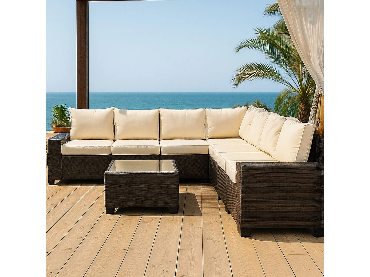 Salon de jardin d'angle 7 places en résine tressée avec table marron et beige LAZARO