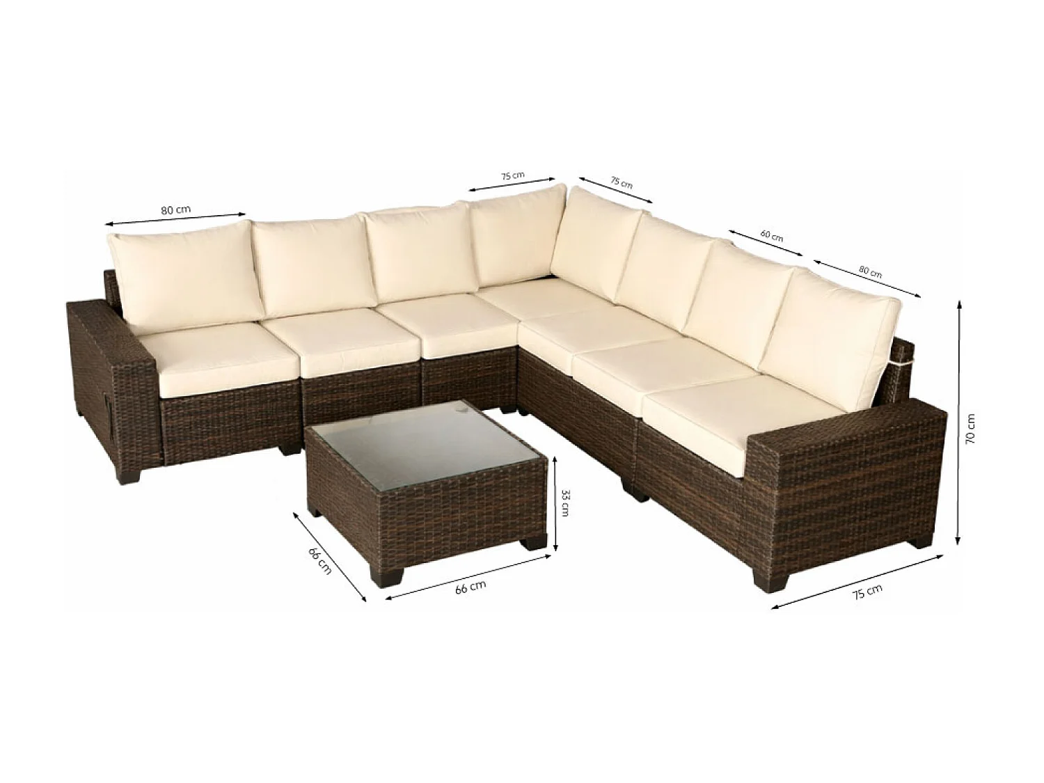 Salon de jardin d'angle 7 places en résine tressée avec table marron et beige LAZARO