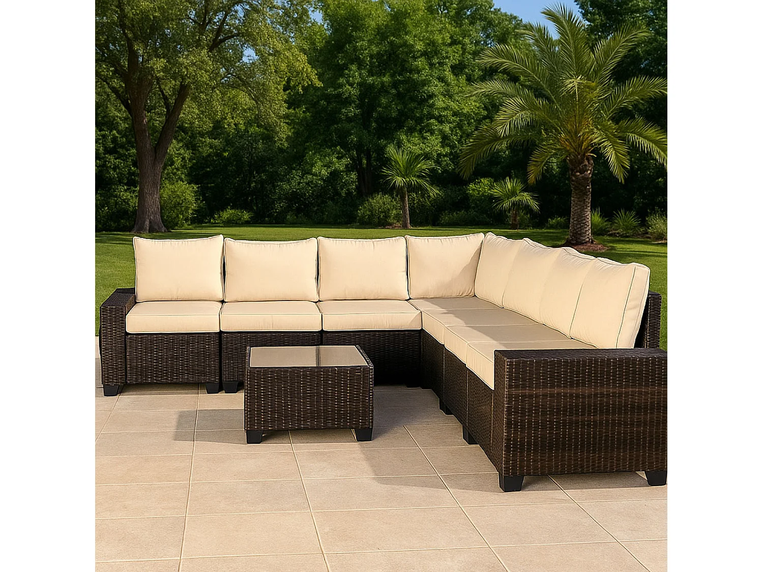 Salon de jardin d'angle 7 places en résine tressée avec table marron et beige LAZARO