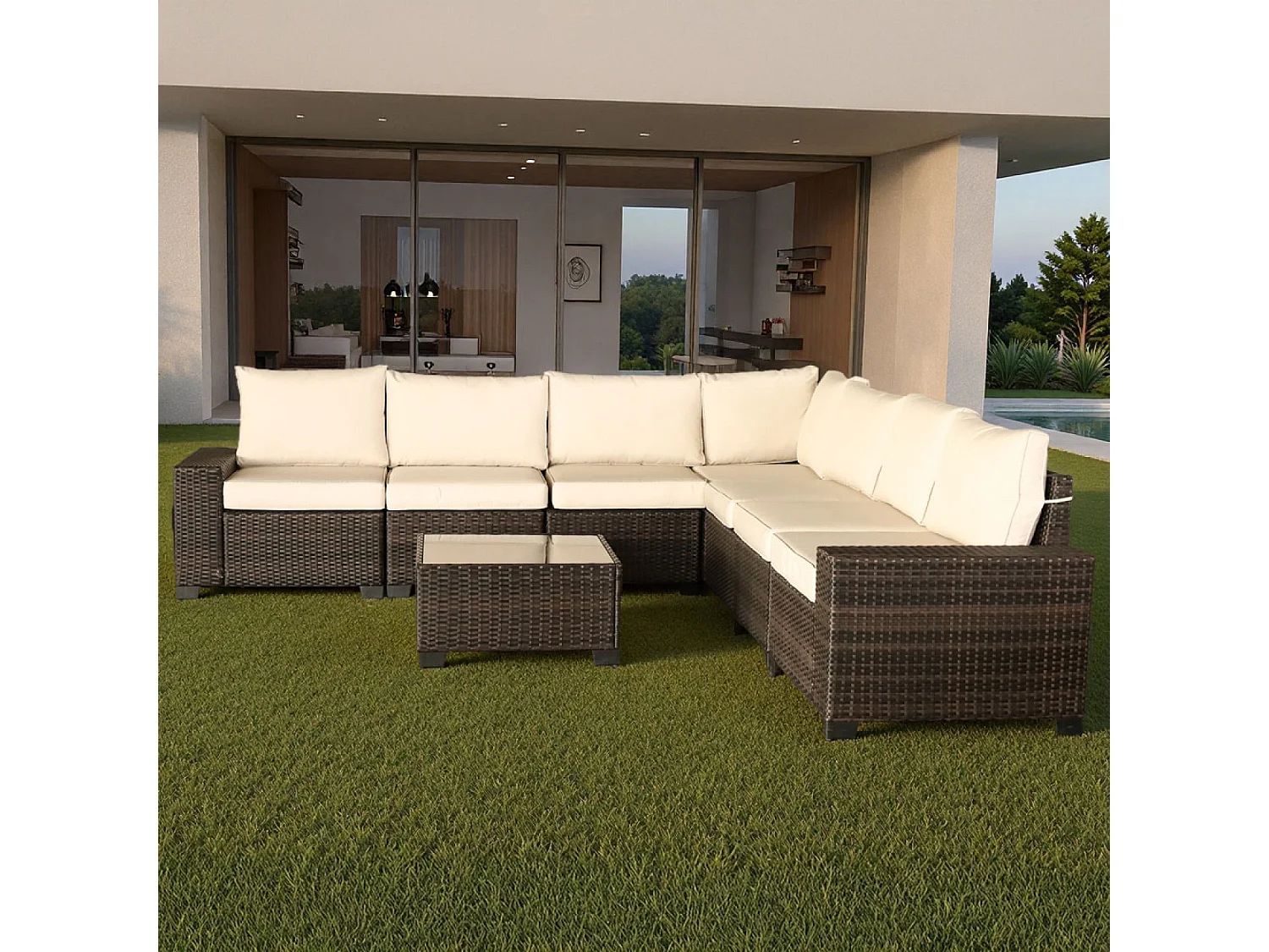 Salon de jardin d'angle 7 places en résine tressée avec table marron et beige LAZARO