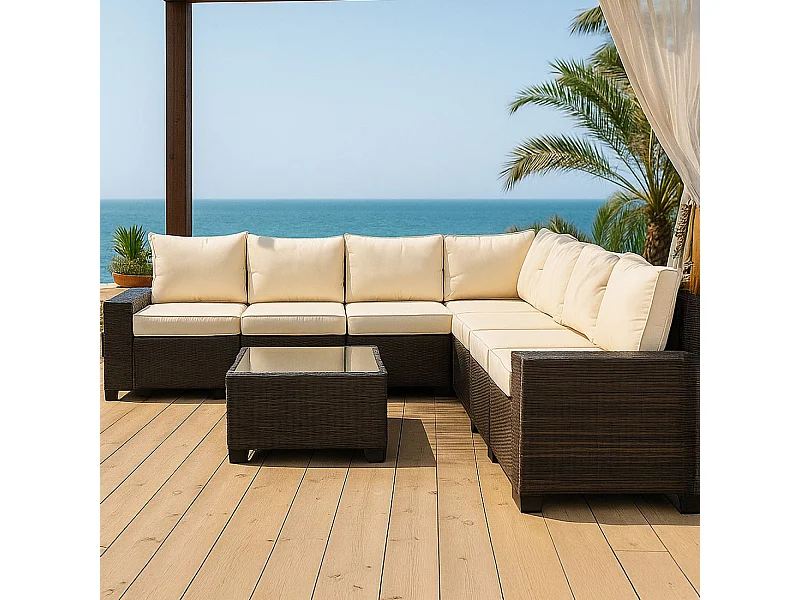 Salon de jardin d'angle 7 places en résine tressée avec table marron et beige LAZARO