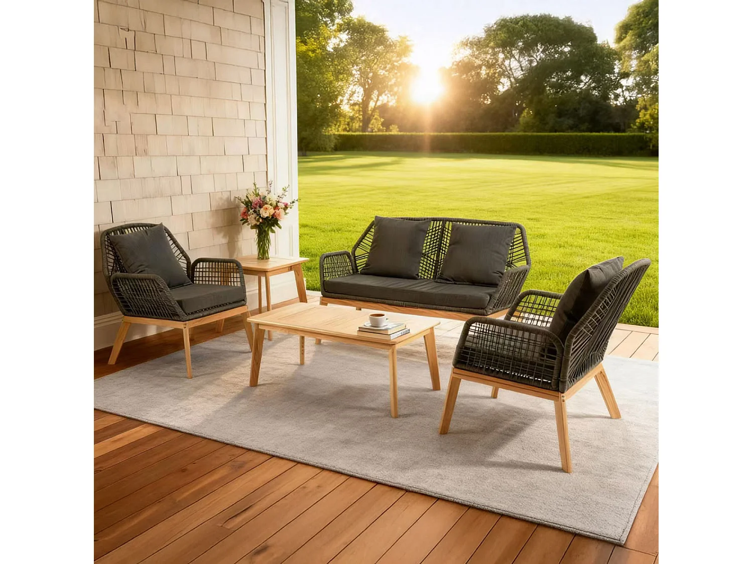 Salon de jardin 4 places en bois avec 2 tables gris anthracite et bois ROSARIO