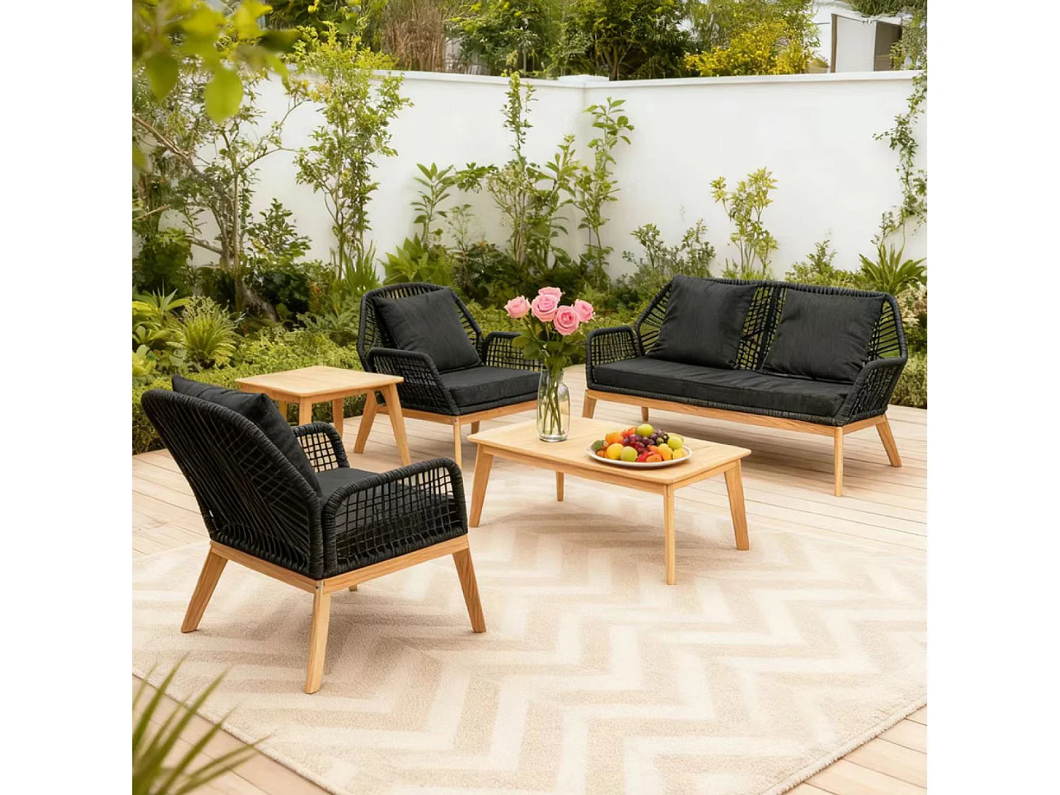 Salon de jardin 4 places en bois avec 2 tables gris anthracite et bois ROSARIO