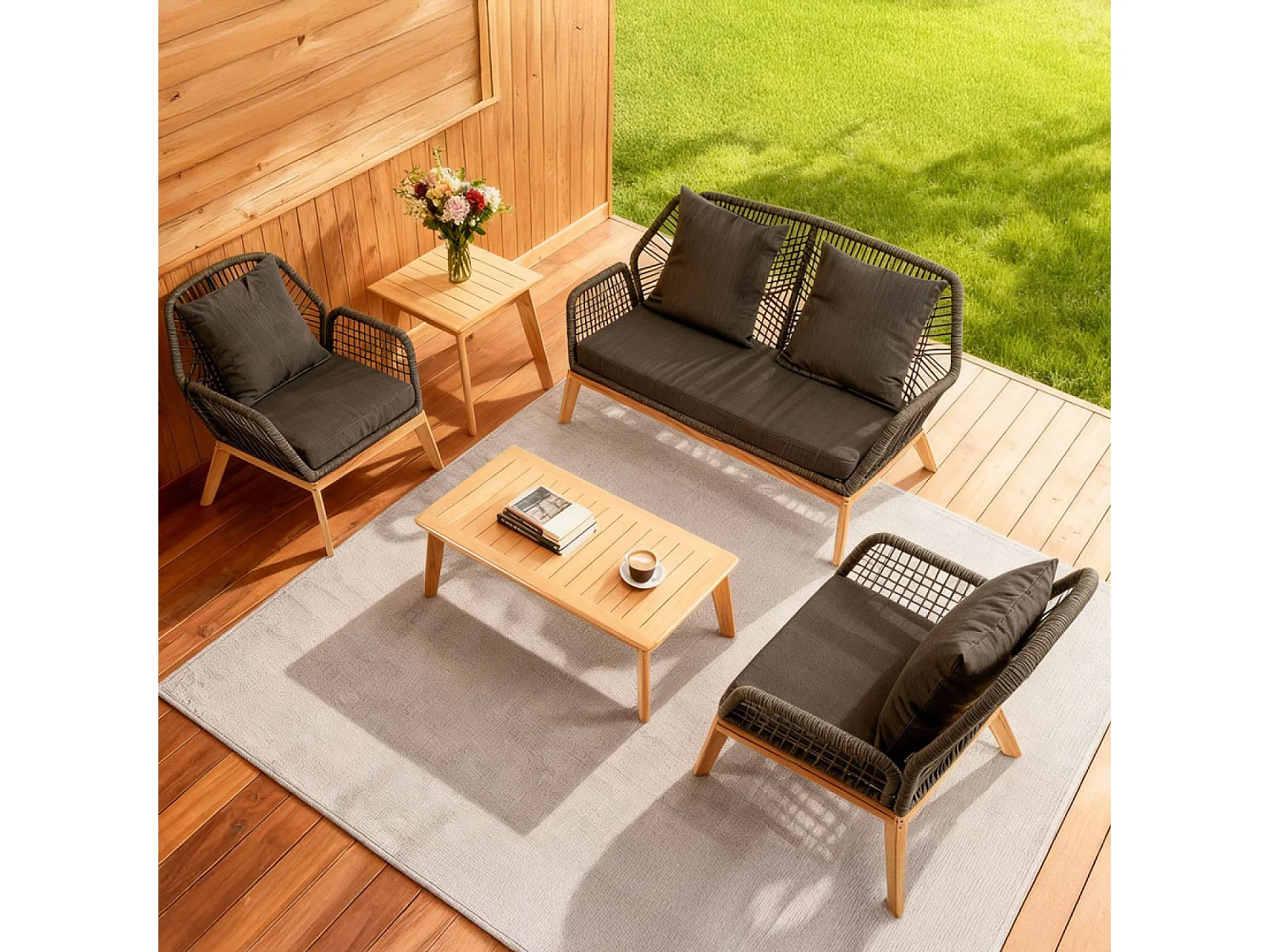 Salon de jardin 4 places en bois avec 2 tables gris anthracite et bois ROSARIO