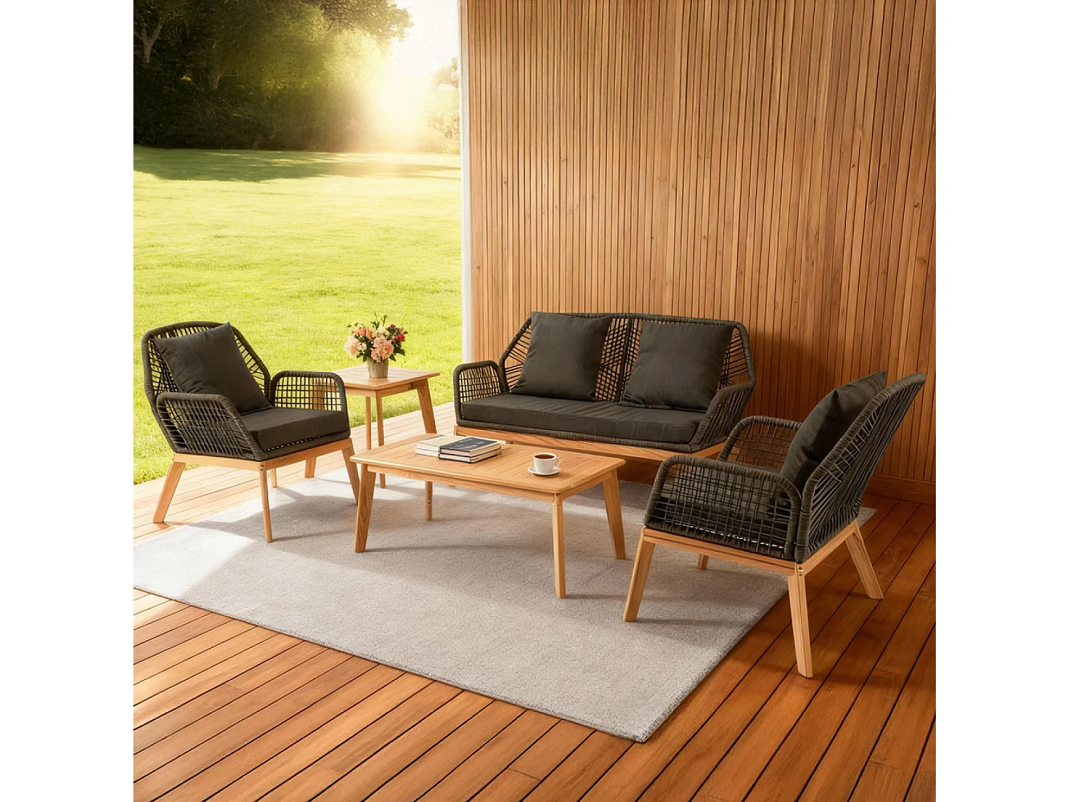 Salon de jardin 4 places en bois avec 2 tables gris anthracite et bois ROSARIO