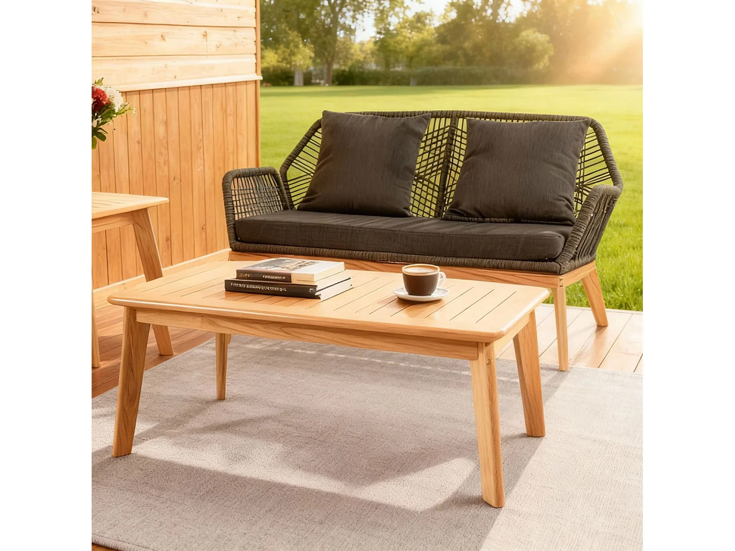 Salon de jardin 4 places en bois avec 2 tables gris anthracite et bois ROSARIO