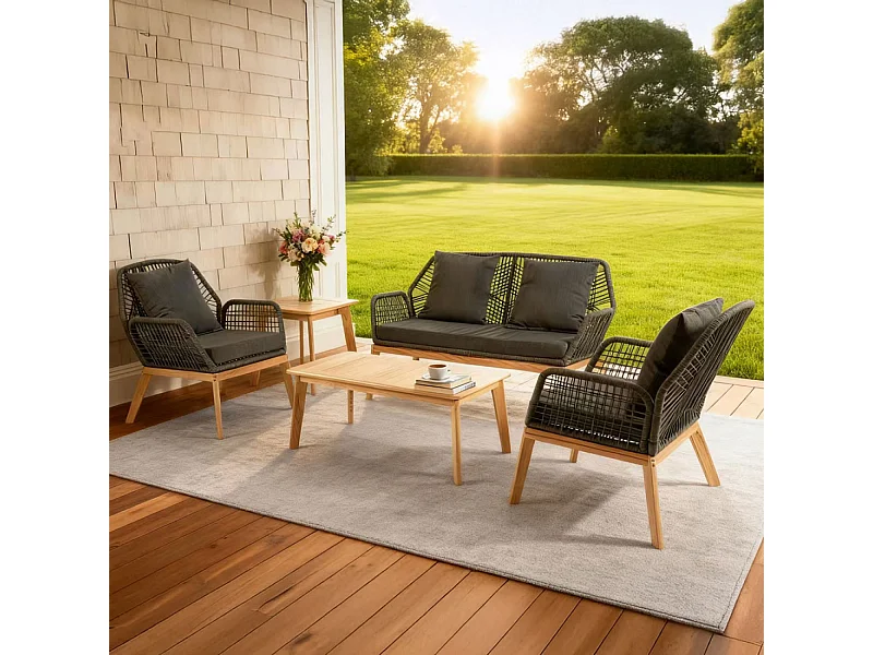 Salon de jardin 4 places en bois avec 2 tables gris anthracite et bois ROSARIO