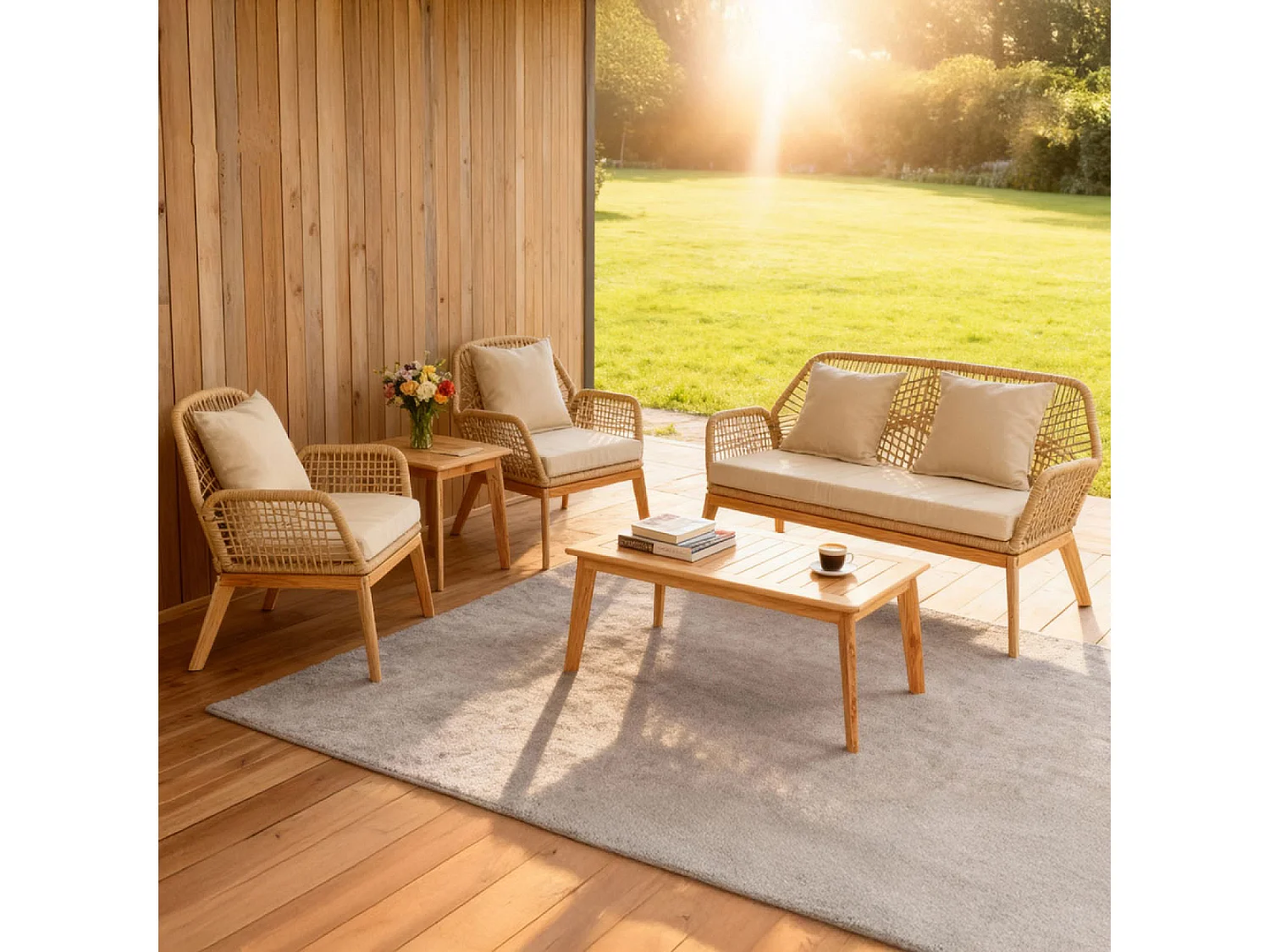 Salon de jardin 4 places en bois avec 2 tables beige et bois ROSARIO