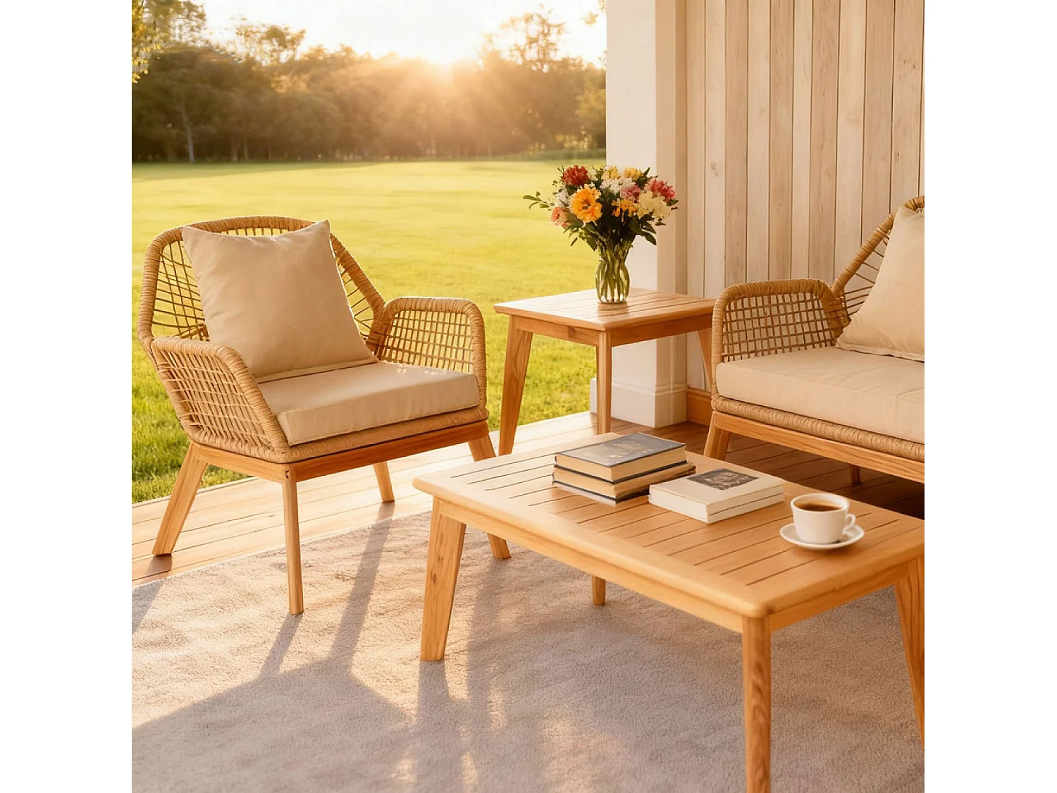 Salon de jardin 4 places en bois avec 2 tables beige et bois ROSARIO