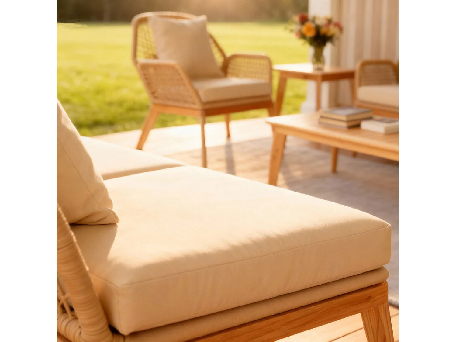 Salon de jardin 4 places en bois avec 2 tables beige et bois ROSARIO