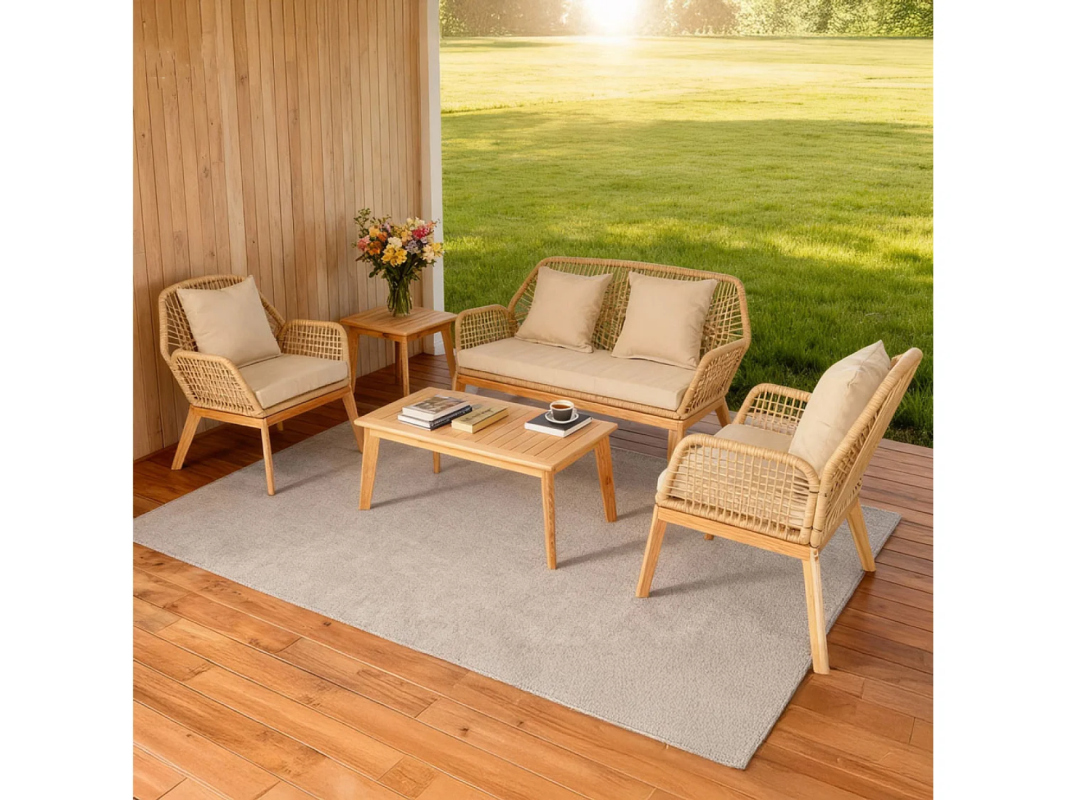 Salon de jardin 4 places en bois avec 2 tables beige et bois ROSARIO