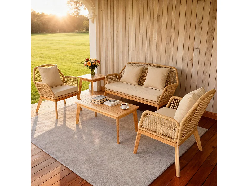 Salon de jardin 4 places en bois avec 2 tables beige et bois ROSARIO