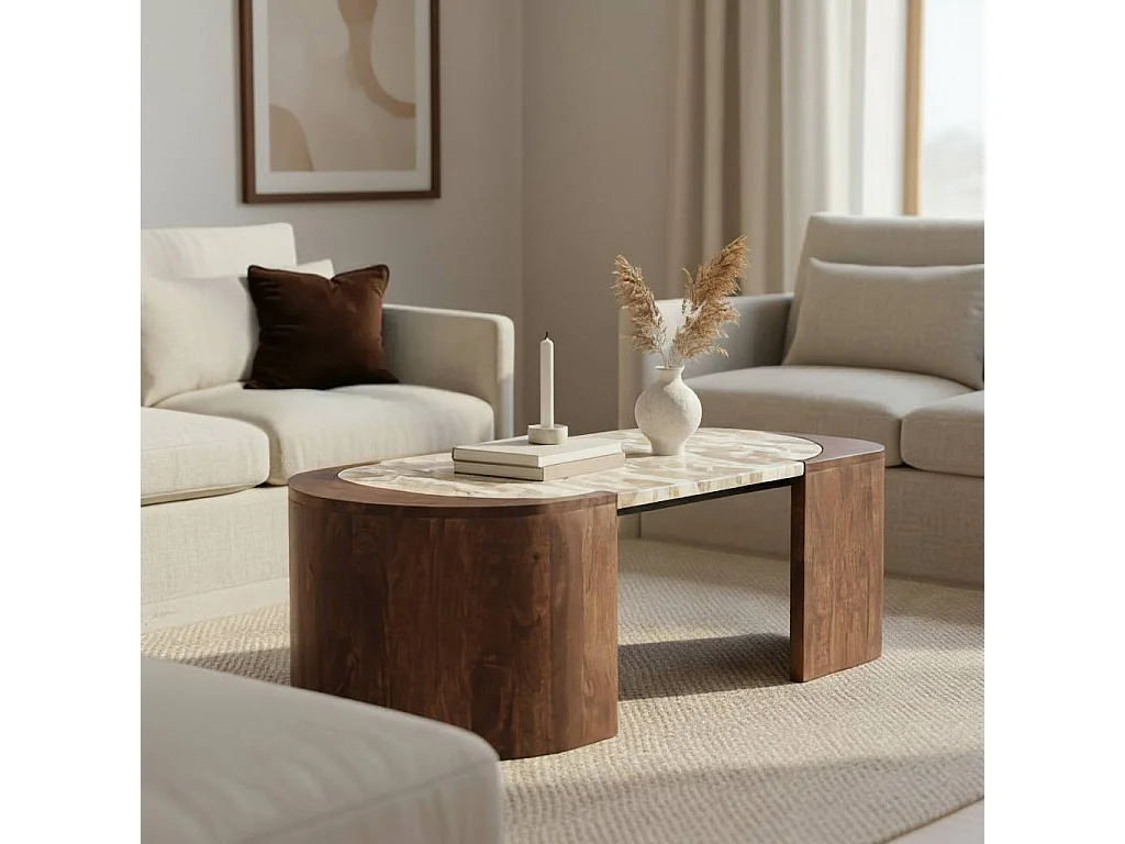 Table basse ovale en bois de manguier et marbre Agnès